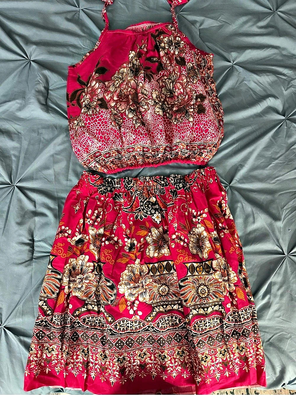 Cambodian Floral Two-Piece Skort Set in Red & Black
